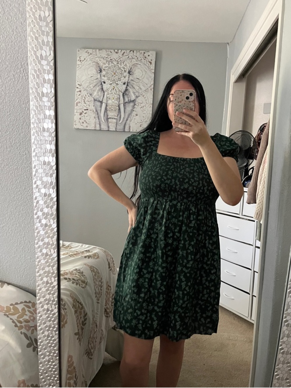 SO Dark Green Floral Square-Neck Smocked Shirred Mini Dress L Large